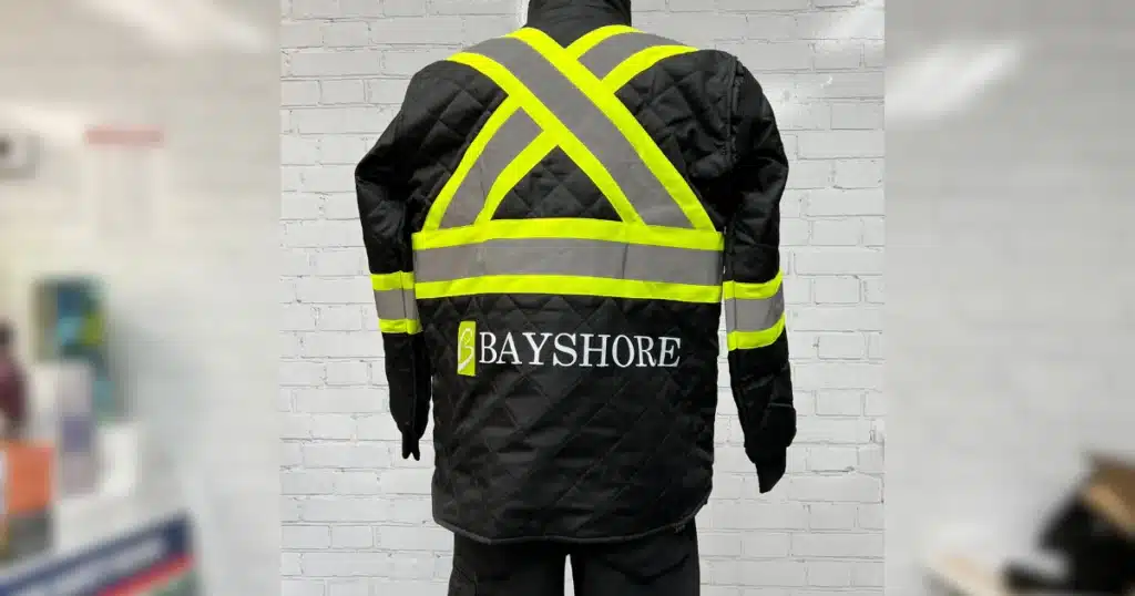 Bayshore safety jacket after apparel branding process. Heat press technique was used.