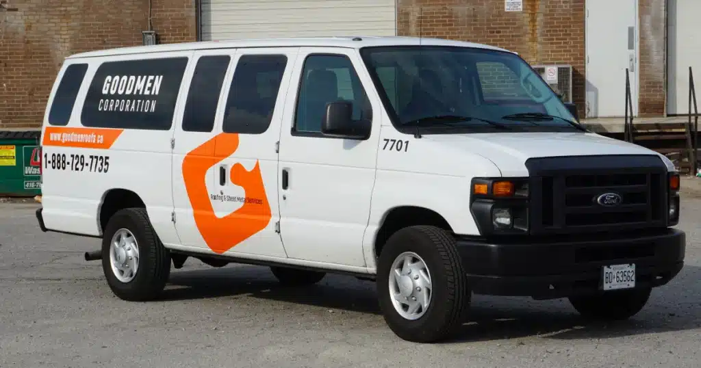 Goodmen Ford E350 van Decals Orange on White