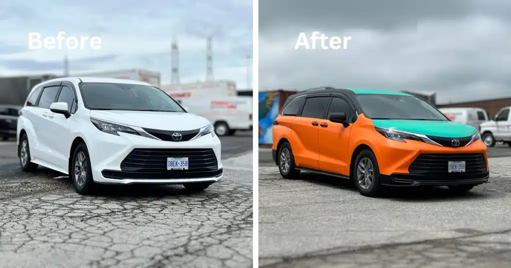 Beck Taxi Wrap on Toyota Sienna Before and After. From passenger side front angle.