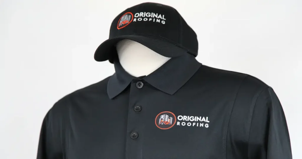 Original Roofing branding embroidered on a polo shirt