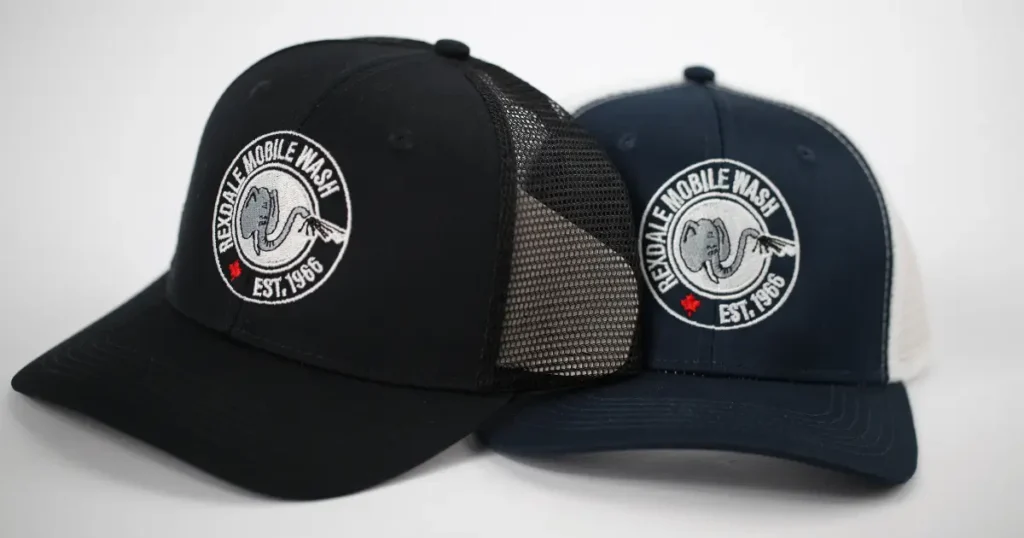 Embroidered Hats showcased with Rexdale Mobile Wash logo